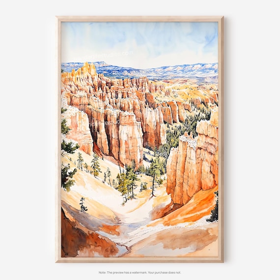 Bryce Canyon Utah Hoodoo Vista Orange Cliffs Watercolor Poster