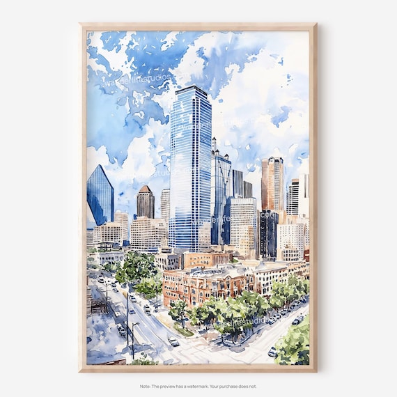 Dallas Texas Wall Art Watercolor Cityscape Print