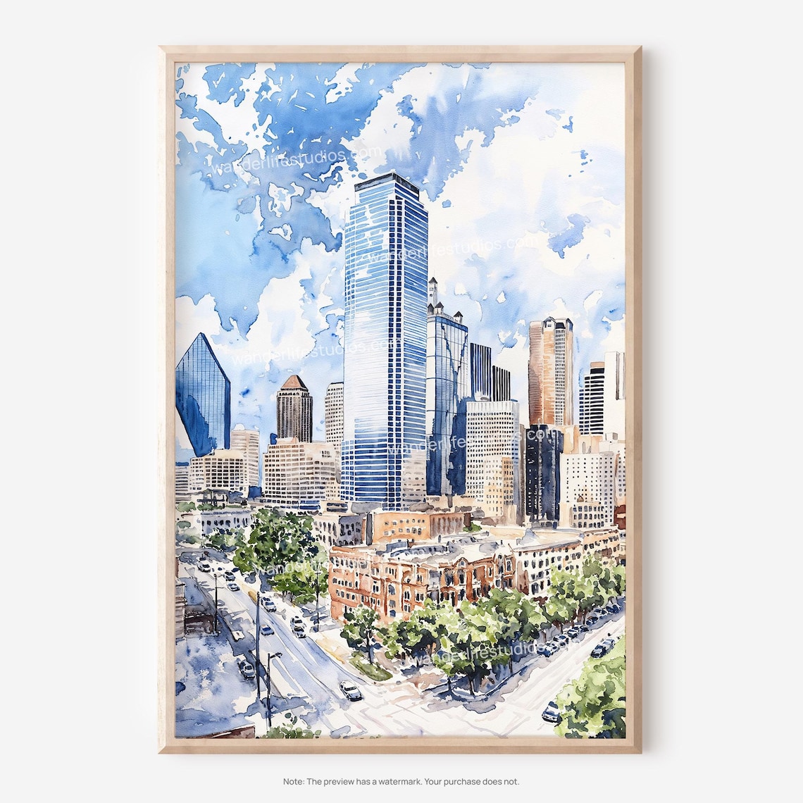 Dallas Texas Downtown Skyline Watercolor Skyscrapers Cityscape Poster