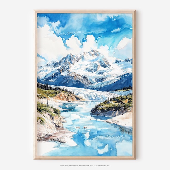 Wrangell St Elias National Park Glacier Lake Watercolor Poster