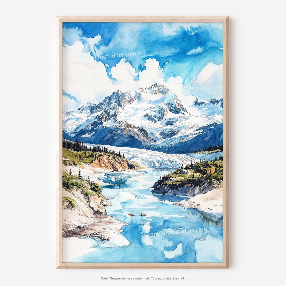Wrangell St Elias National Park Glacier Lake Watercolor Poster