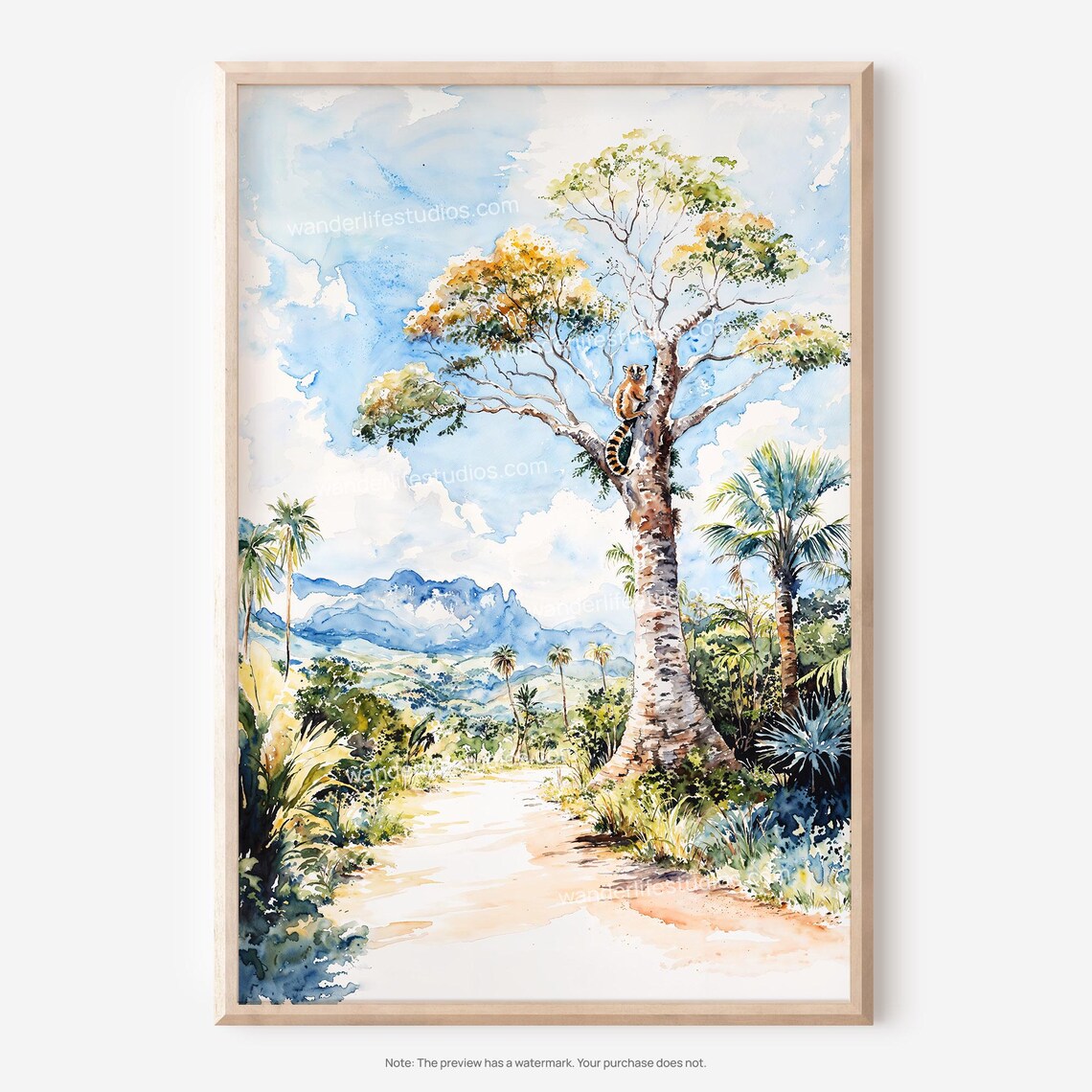 Isalo National Park Madagascar Lemur Tropical Tree Watercolor Scene Poster