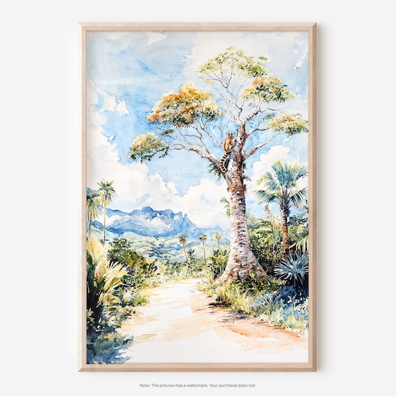 Isalo National Park Madagascar Lemur Tropical Tree Watercolor Scene Poster