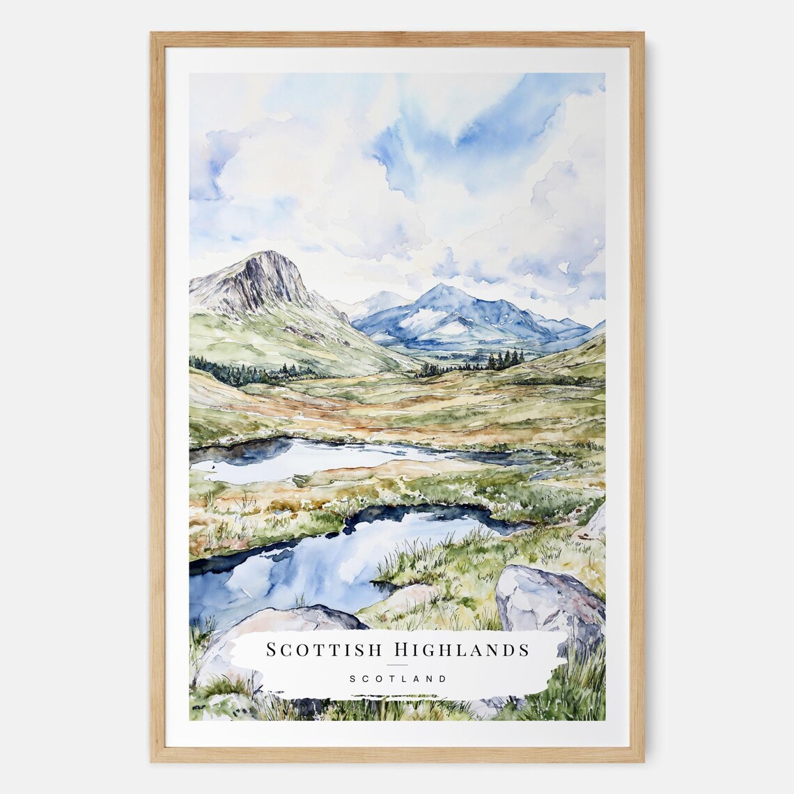 Scottish Highlands Scotland Watercolor Poster Mountain Lake Travel Art