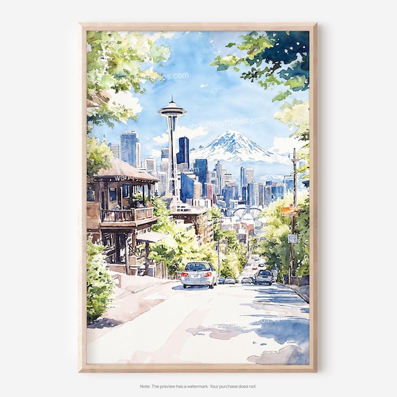 Seattle Watercolor Wall Art Of Scenic Cityscape And Space Needle