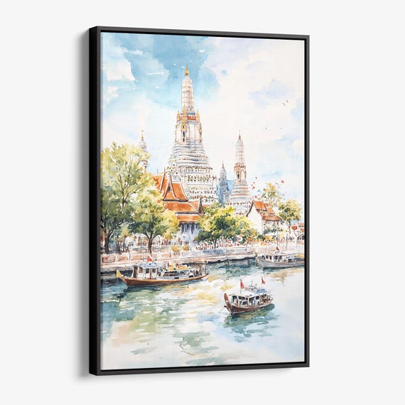 Wat Arun Temple Canvas Print Watercolor Artwork Of Bangkoks Iconic Landmark