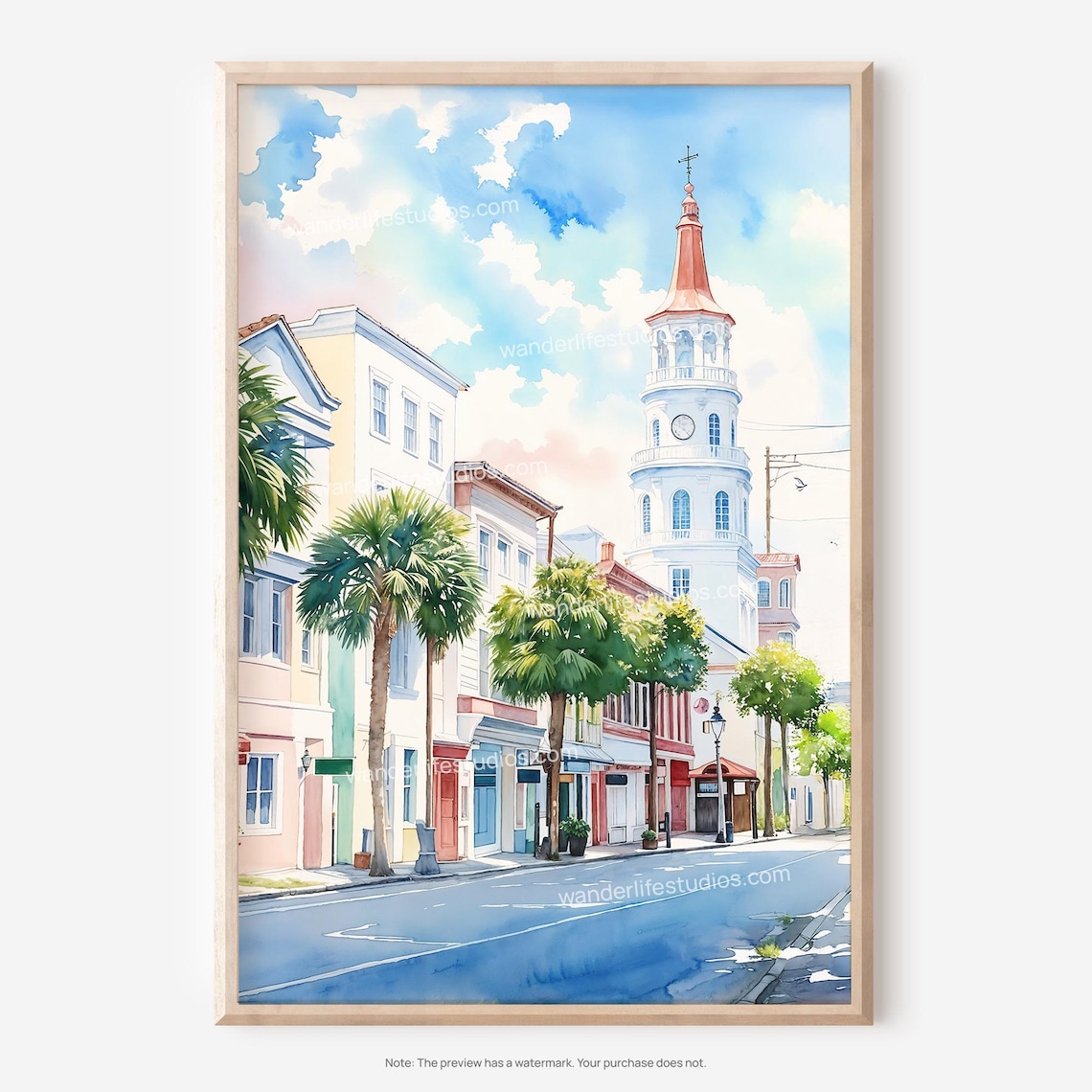 Charleston Watercolor Street with Historic Church Steeple Poster