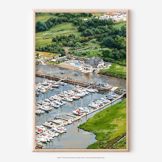 Guilford Yacht Club Marina Sailboats Coastal Watercolor Painting Print