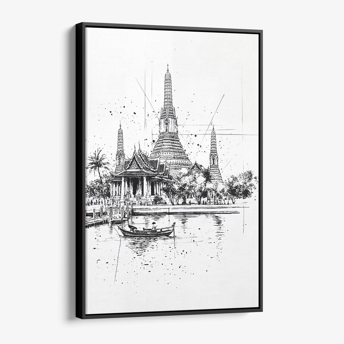 Wat Arun Bangkok Temple Riverside Fisherman Ink Sketch Art Poster
