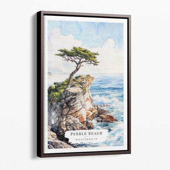 Pebble Beach California Lone Cypress Ocean Cliff Watercolor Poster