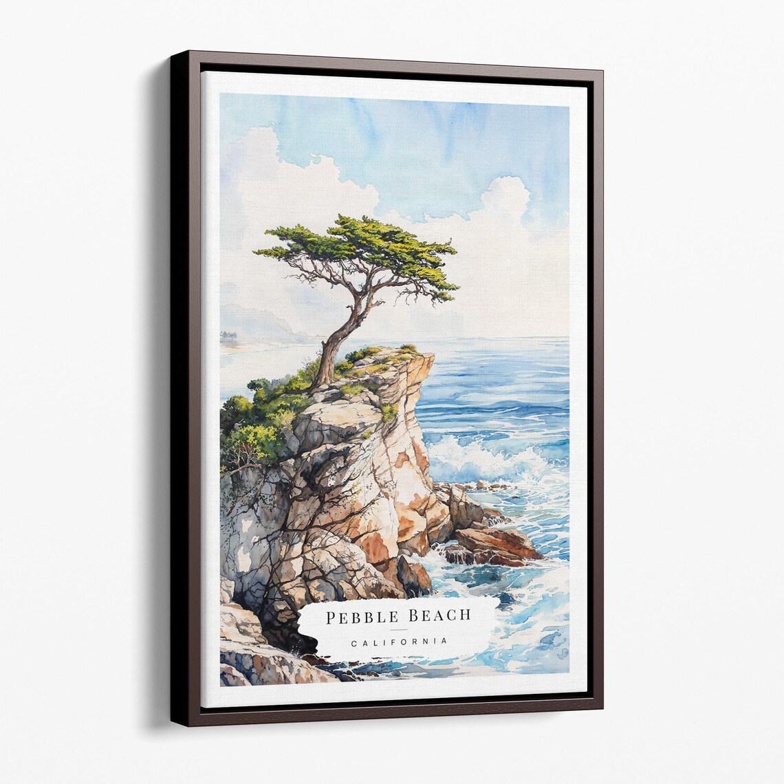 Pebble Beach California Lone Cypress Ocean Cliff Watercolor Poster