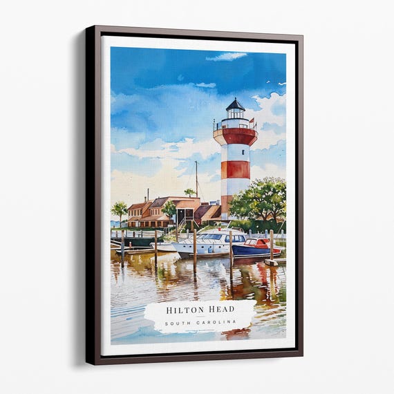Hilton Canvas Art Print Watercolor Lighthouse And Marina Wall