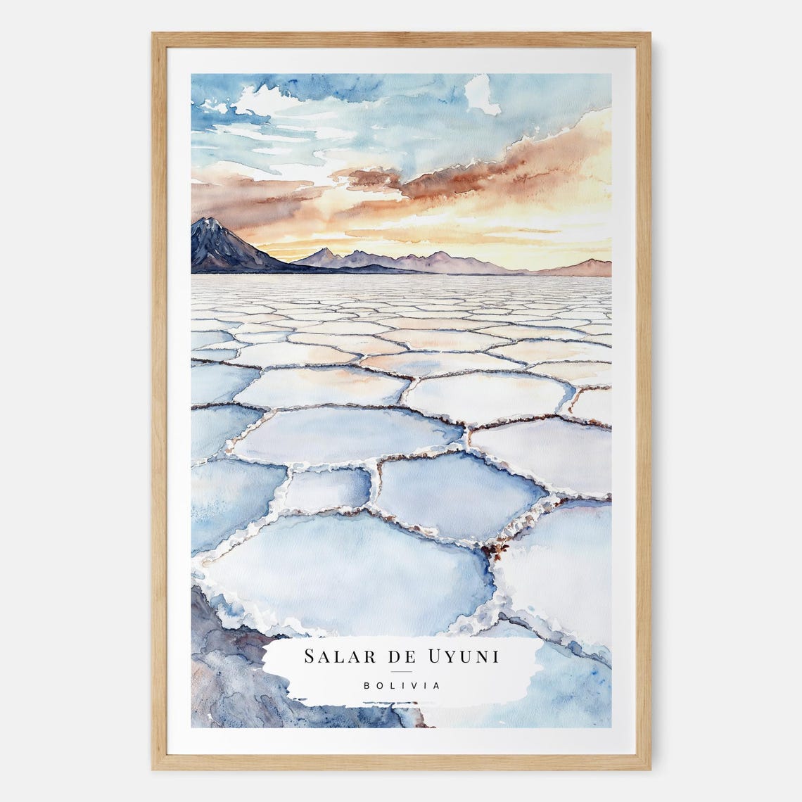 Salar de Uyuni Sunset Hexagonal Salt Patterns Watercolor Poster