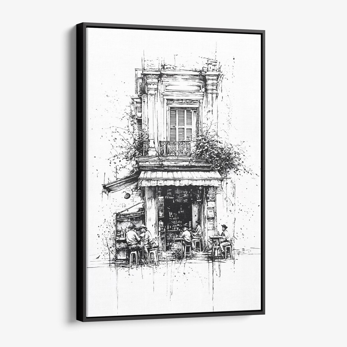 Vintage Old Street Cafe Sketch Black White Shophouse Scene Poster