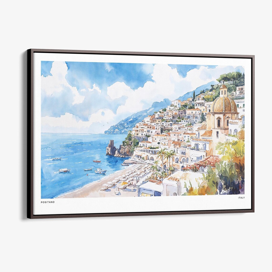 Positano Italy Cliffside Town Beach Scene Watercolor Travel Poster