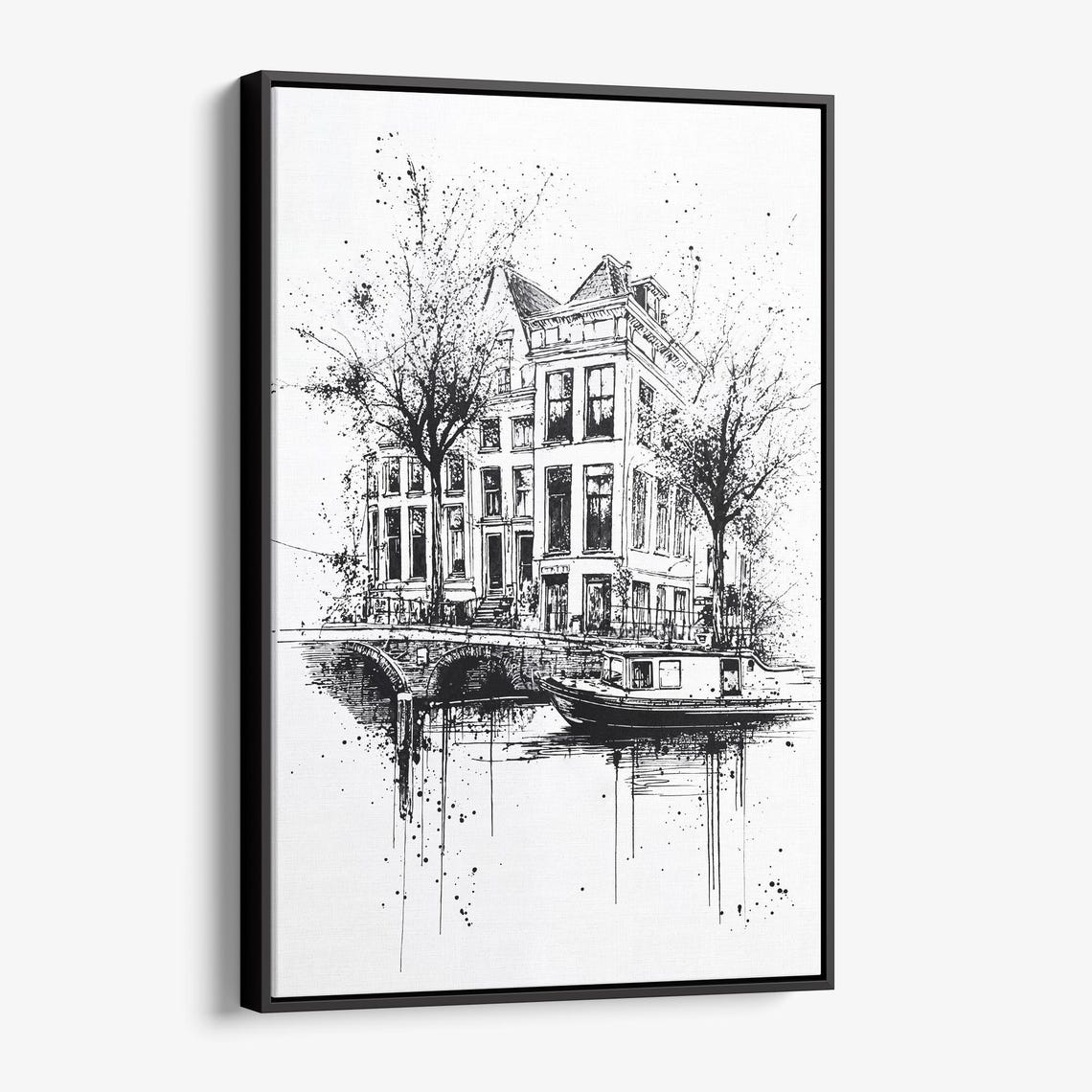 Amsterdam Canal House Ink Sketch Black White Urban Drawing Poster
