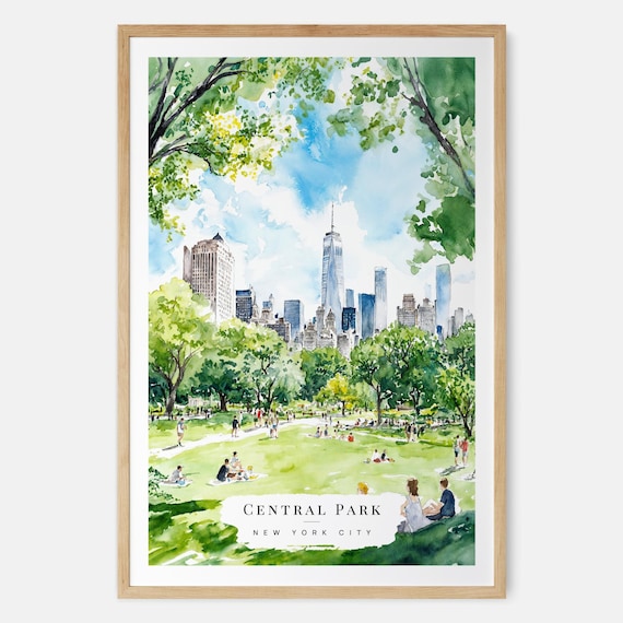 Central Park New York City Watercolor Summer Skyline Art Poster