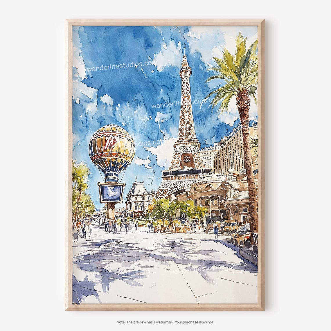 Las Vegas Strip Paris Eiffel Tower Hot Air Balloon Watercolor Poster