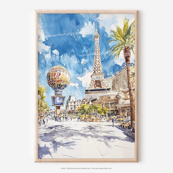 Las Vegas Strip Paris Eiffel Tower Hot Air Balloon Watercolor Poster