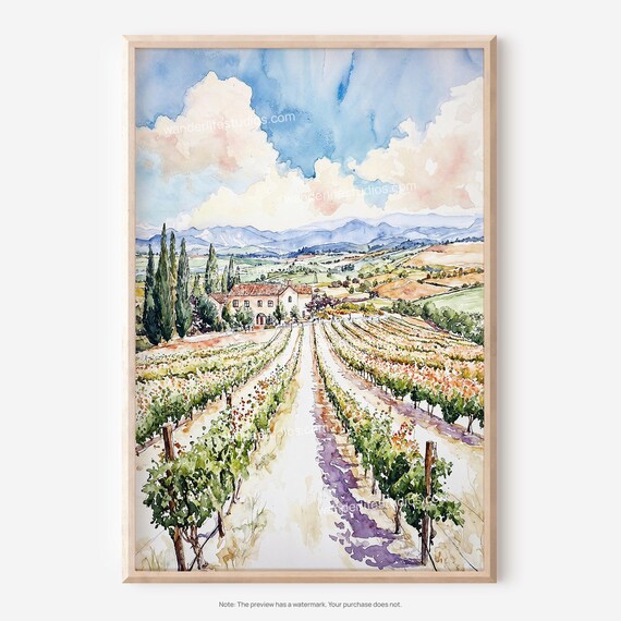 Napa Valley Vineyard Watercolor Wine Country Estate Landscape Poster