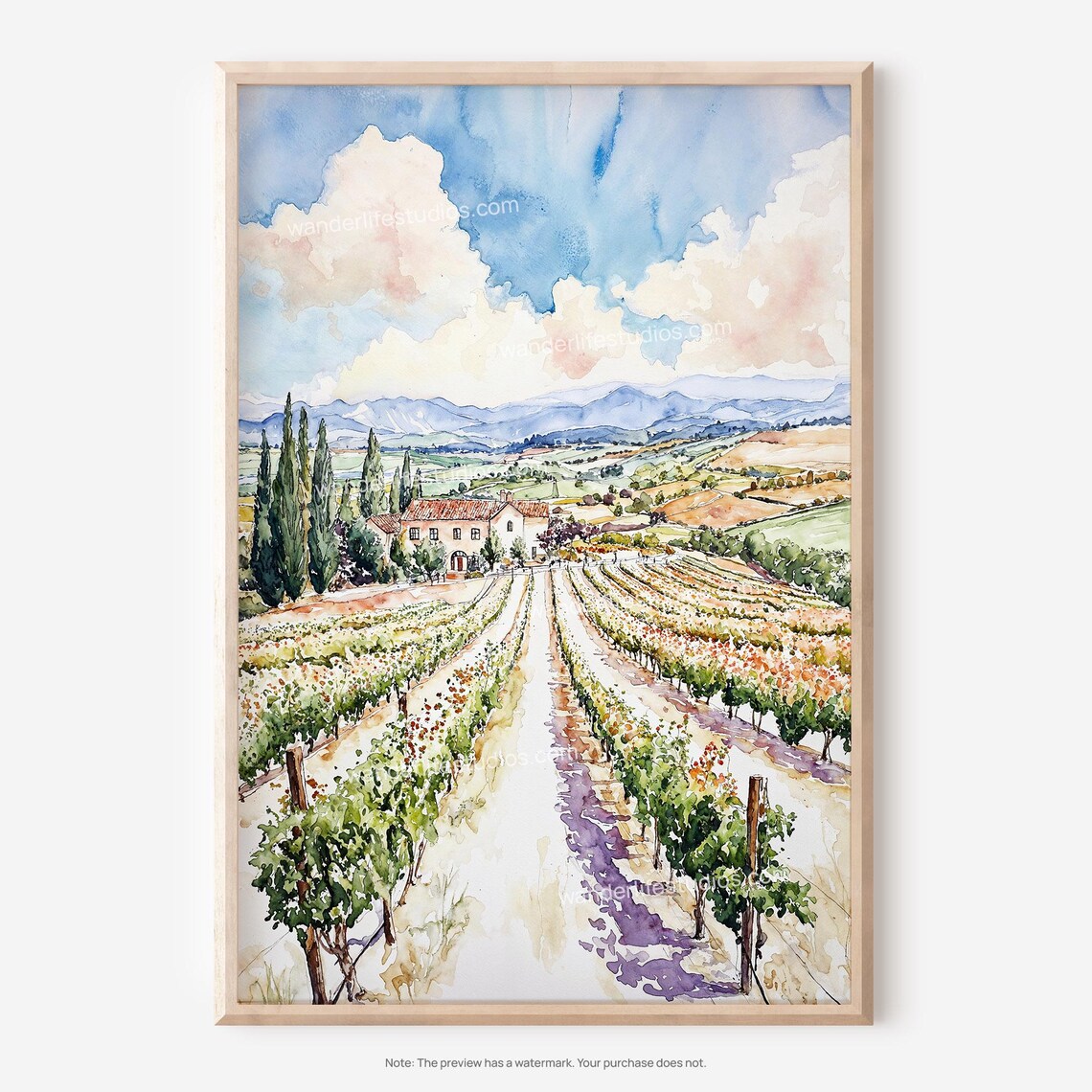 Napa Valley Vineyard Watercolor Wine Country Estate Landscape Poster