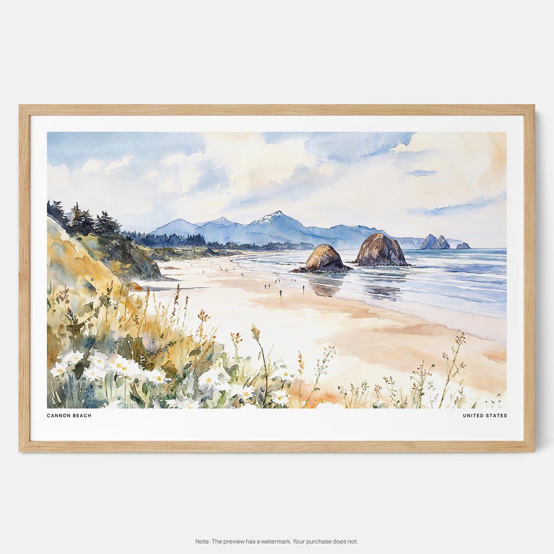 Cannon Beach Oregon Haystack Rock Watercolor Coastal Art Poster