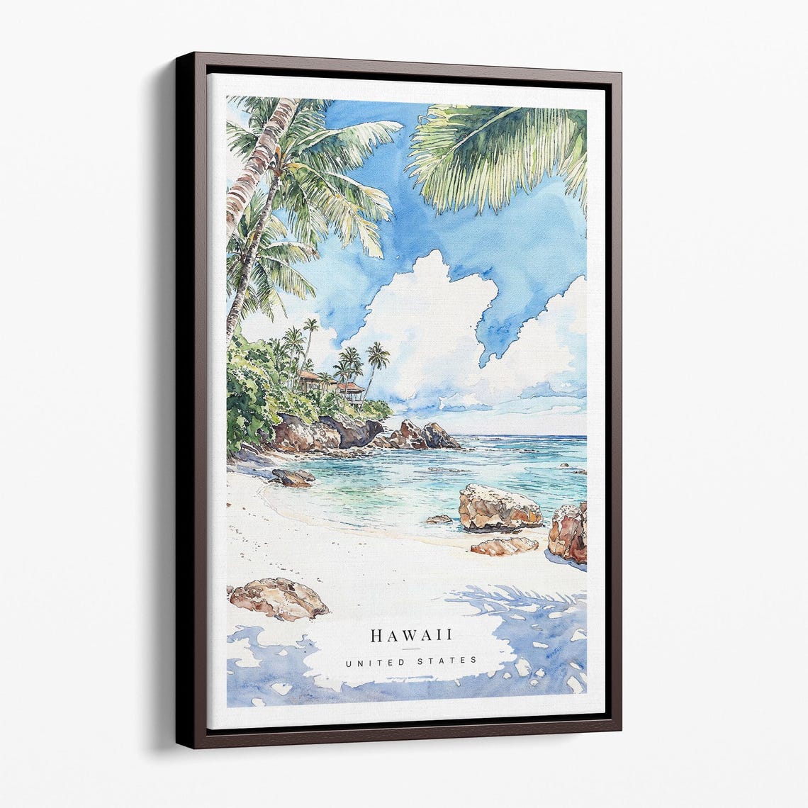 Hawaii Watercolor Beach Palms Rocky Shore Tropical Travel Poster