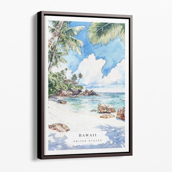 Hawaii Watercolor Beach Palms Rocky Shore Tropical Travel Poster