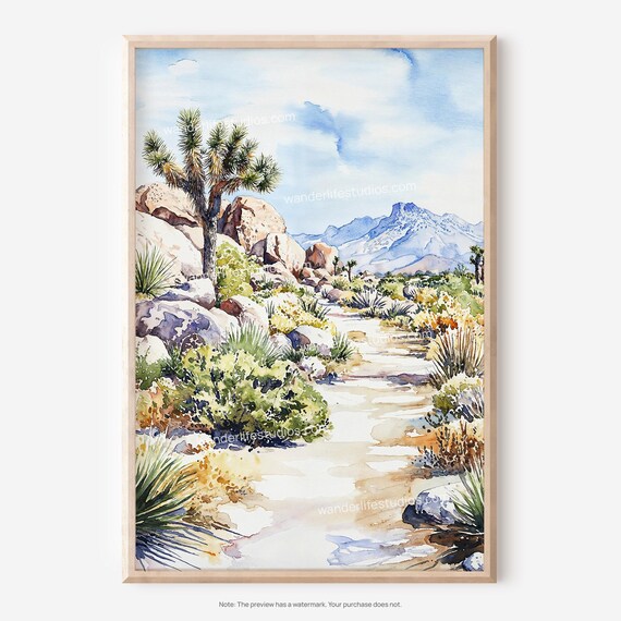 Joshua Tree Desert Yucca Trail Watercolor Landscape Art Poster