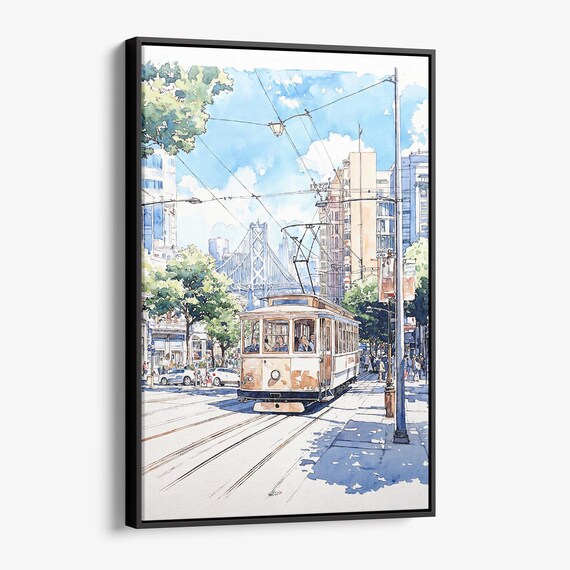 San Francisco Streetcar Watercolor Bay Bridge Vintage City Scene Poster