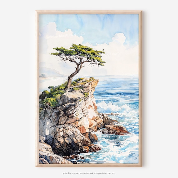 Lone Cypress Tree Rocky Ocean Cliff Coastal Watercolor Poster
