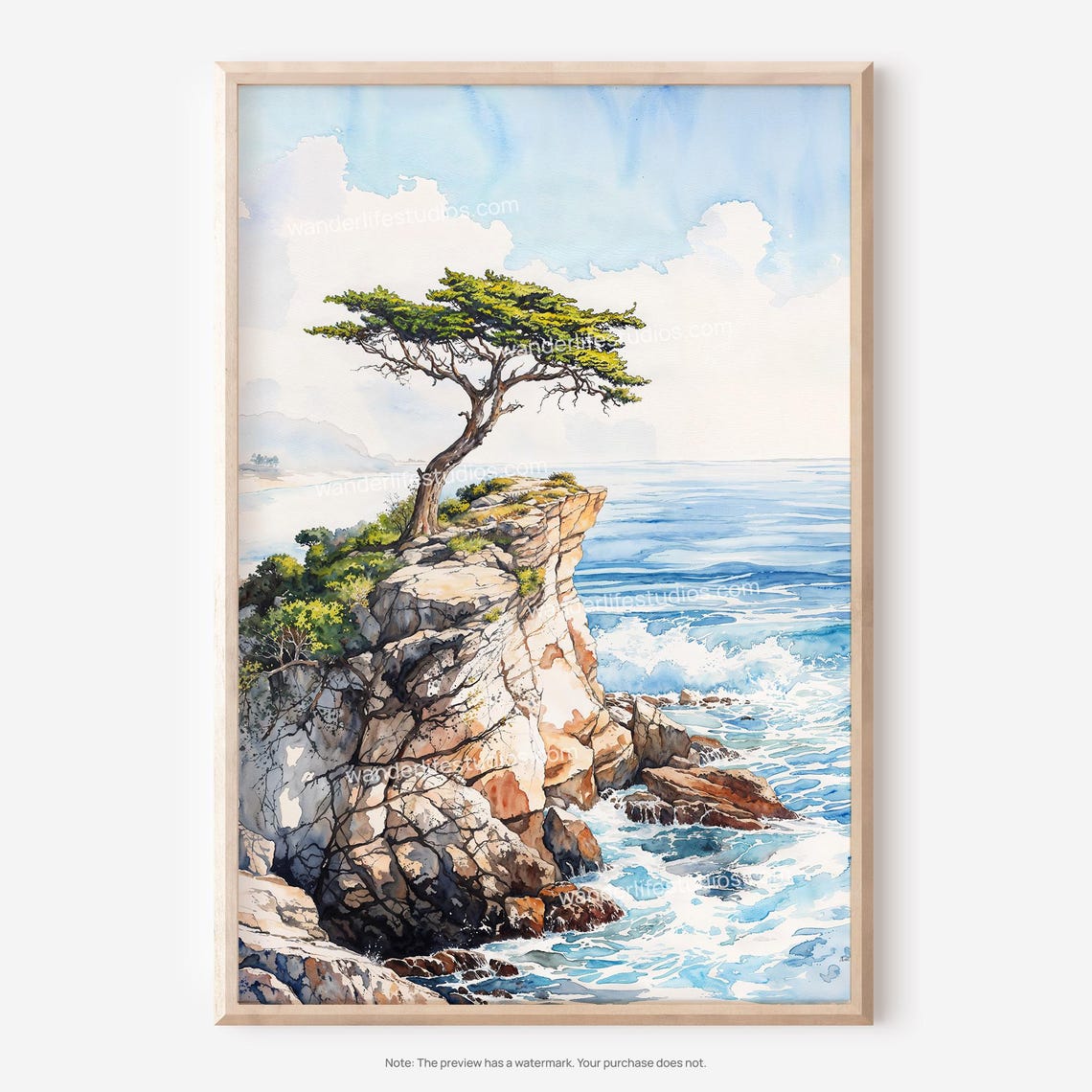 Lone Cypress Tree Rocky Ocean Cliff Coastal Watercolor Poster