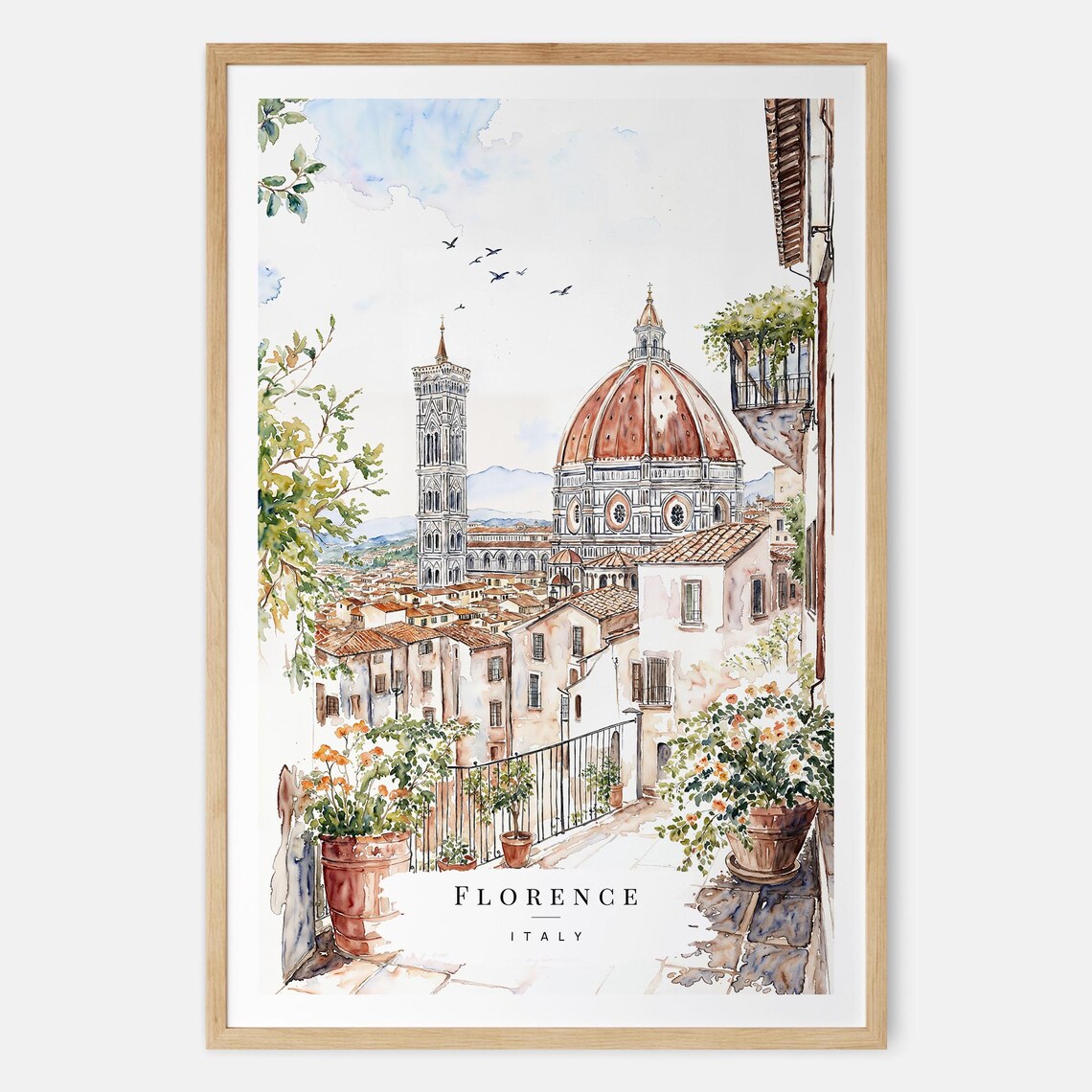Florence Italy Duomo Flower Terrace Sunny Watercolor Travel Art Poster
