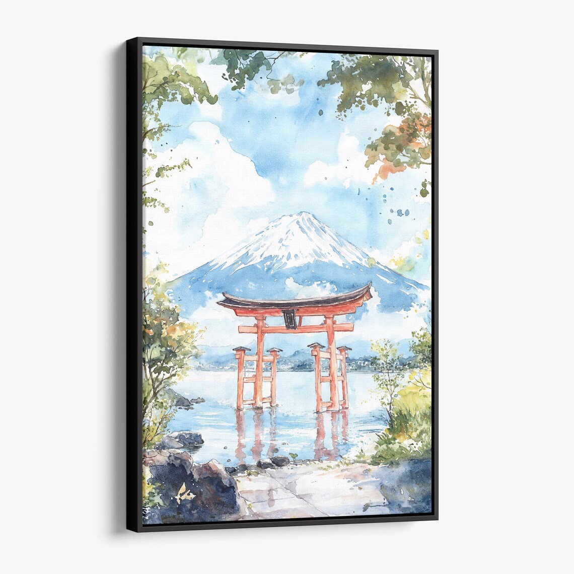 Mount Fuji Torii Gate Over Lake Japanese Watercolor Landscape Wall Art