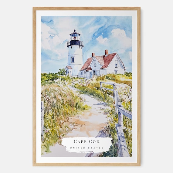 Cape Cod United States Watercolor Lighthouse Coastal Scene Poster