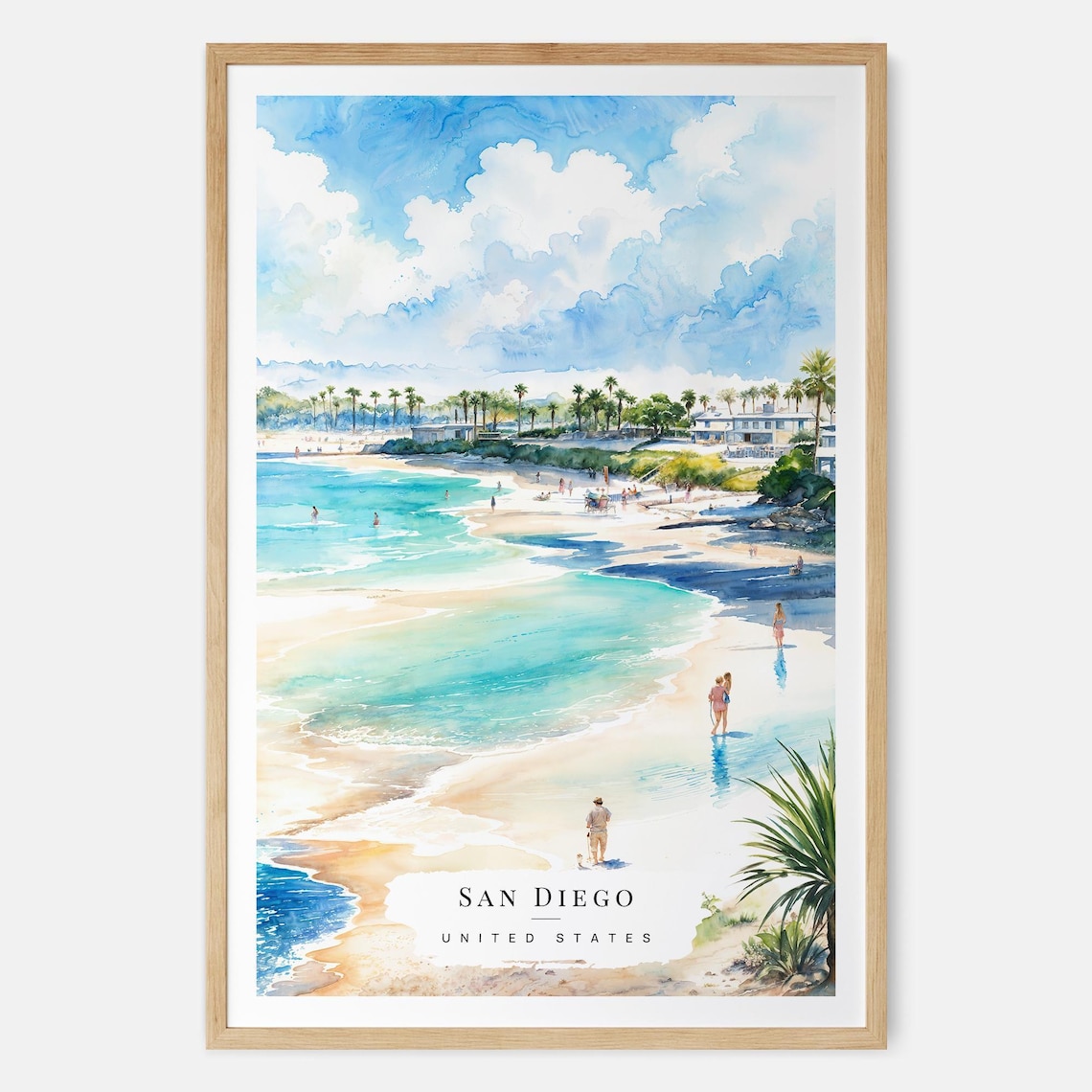 San Diego Beach Watercolor Art Print, Coastal Travel