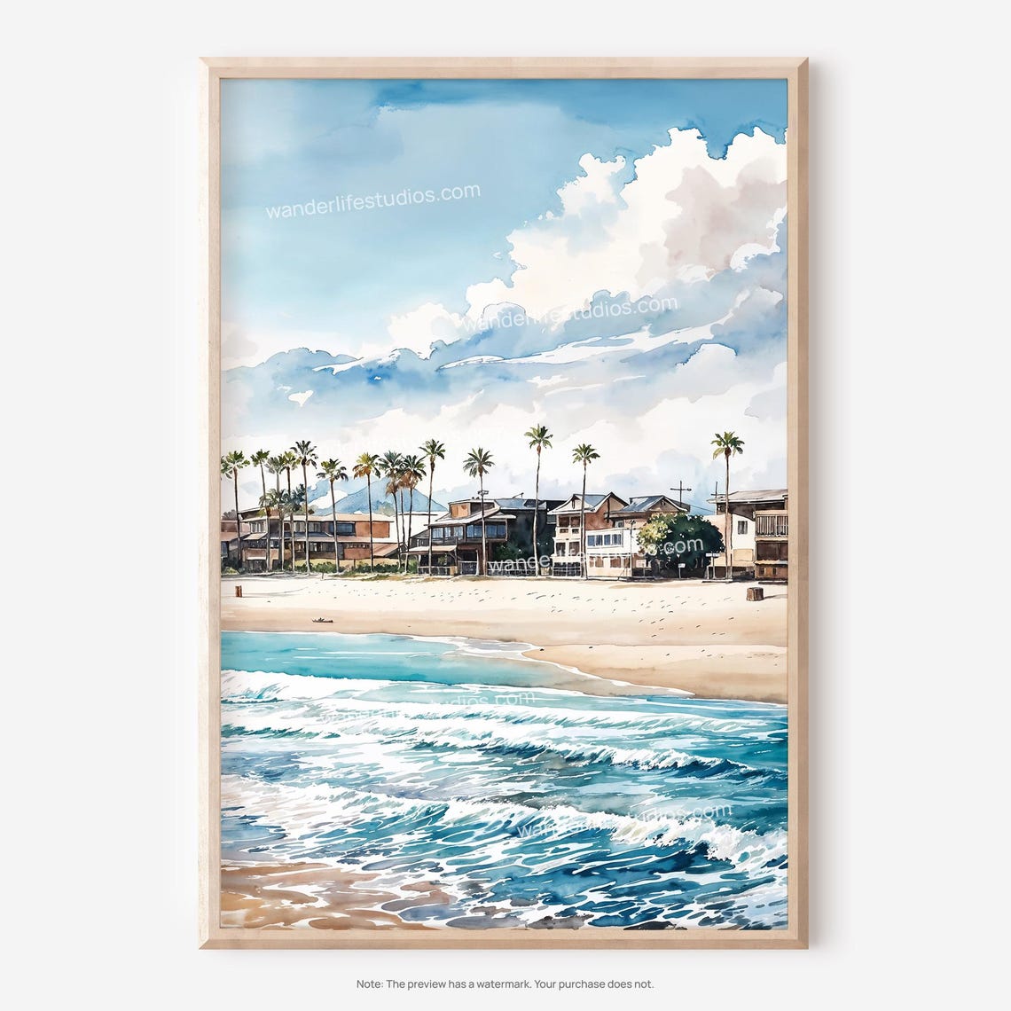 Los Angeles Beachfront Homes Watercolor Coastal Palm Trees Poster