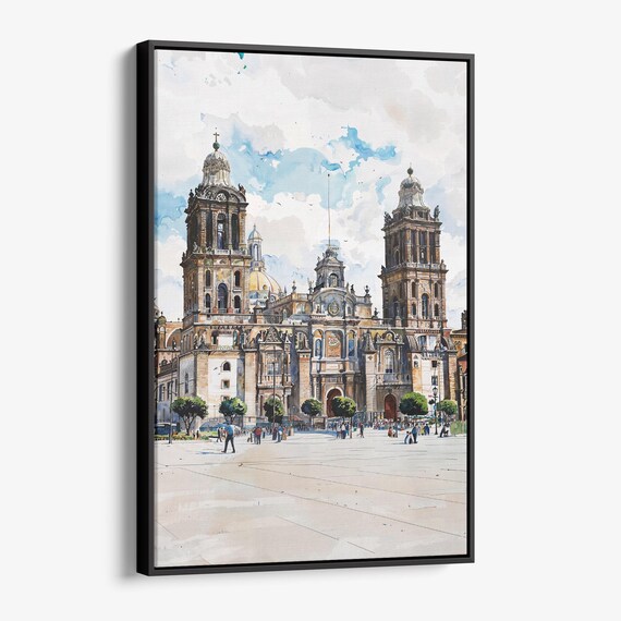 Mexico City Cathedral Watercolor Poster with Twin Towers and Plaza