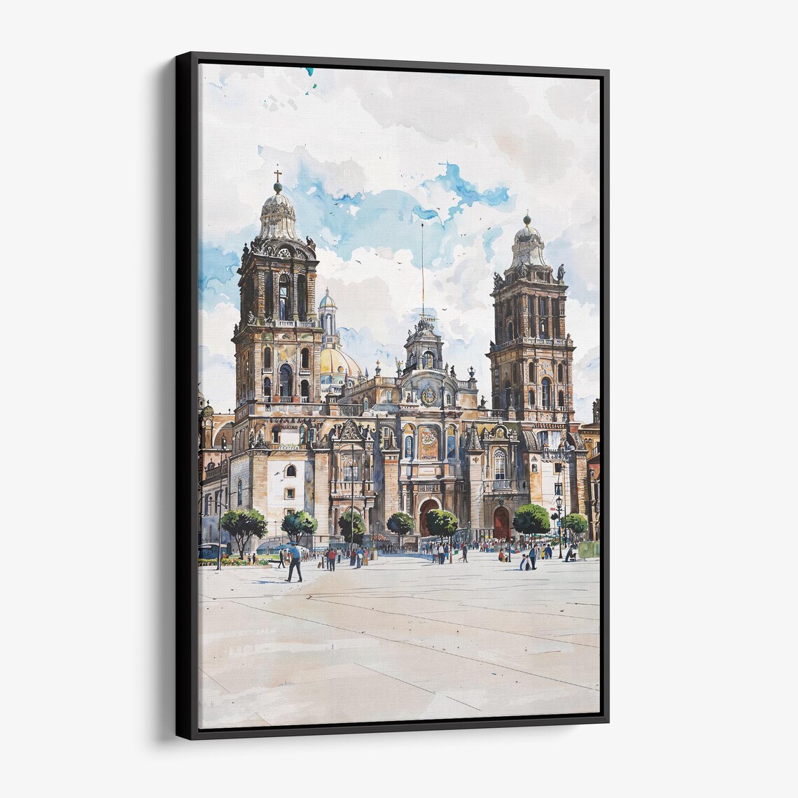 Mexico City Cathedral Watercolor Poster with Twin Towers and Plaza