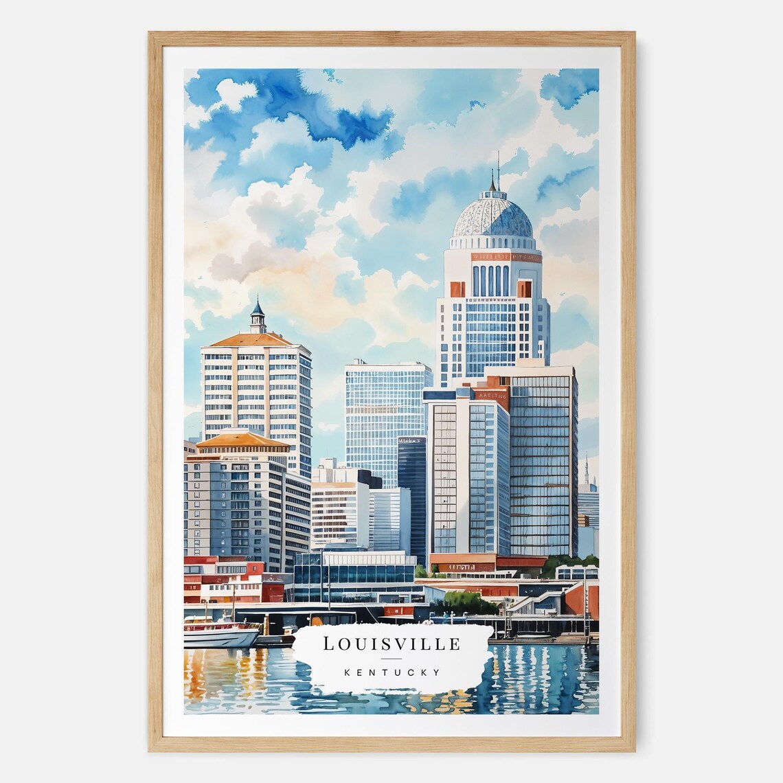 Louisville Kentucky Skyline Watercolor Travel Poster with River View
