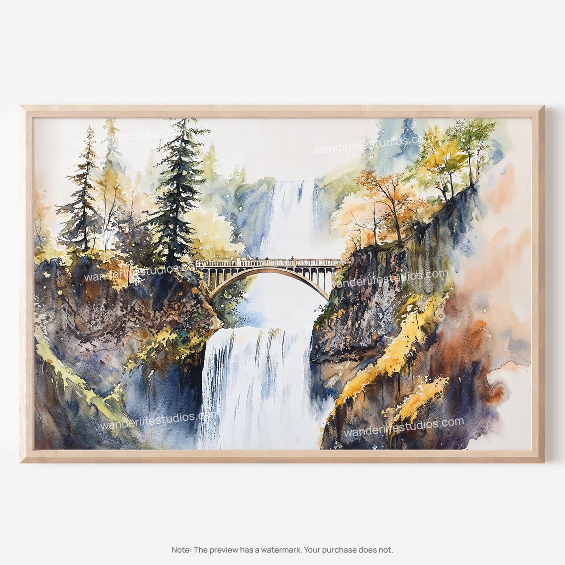 Multnomah Falls Watercolor Benson Bridge Forest Waterfall Poster