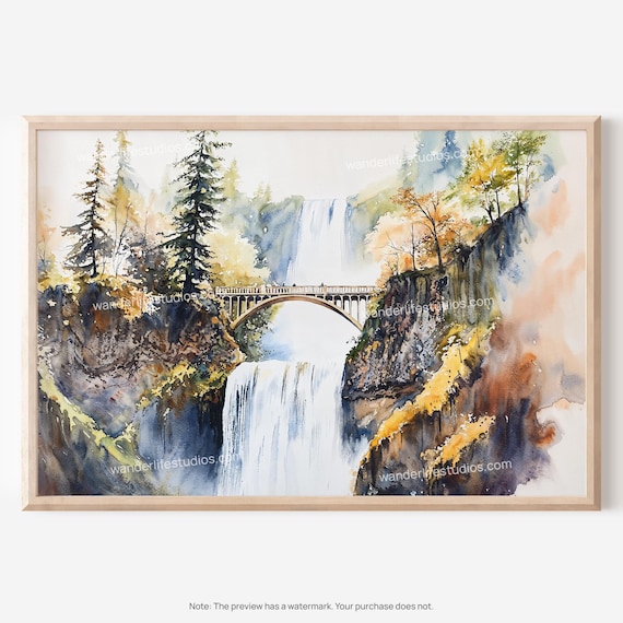 Multnomah Falls Watercolor Benson Bridge Forest Waterfall Poster