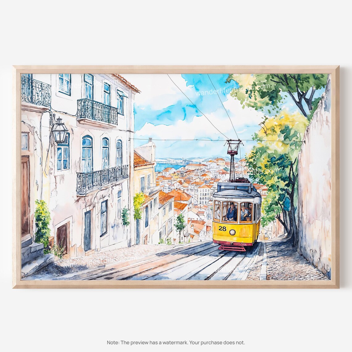 Lisbon Tram 28 on Steep Street Watercolor Portugal Travel Poster