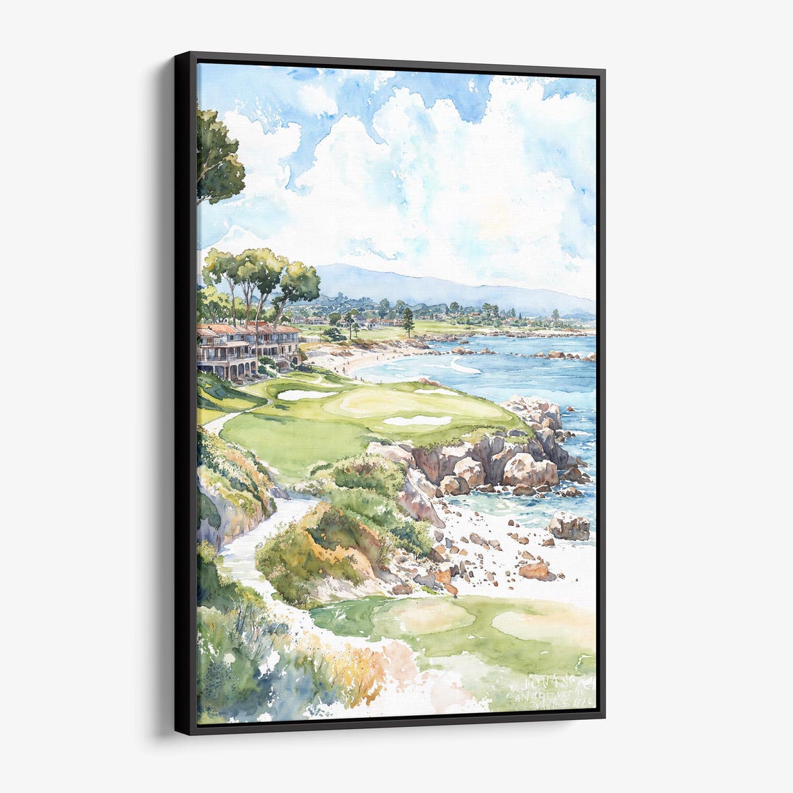 Pebble Beach Golf Course Coastal Watercolor Fairway View Art Poster