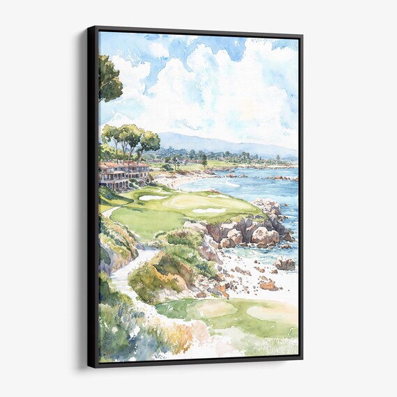 Pebble Beach Golf Course Coastal Watercolor Fairway View Art Poster