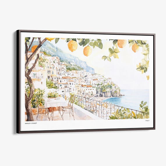 Amalfi Coast Canvas Print Lemon Trees Watercolor Art For Home Decor