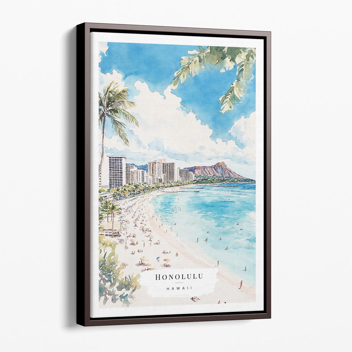 Honolulu Hawaii Waikiki Beach Diamond Head Watercolor Wall Art