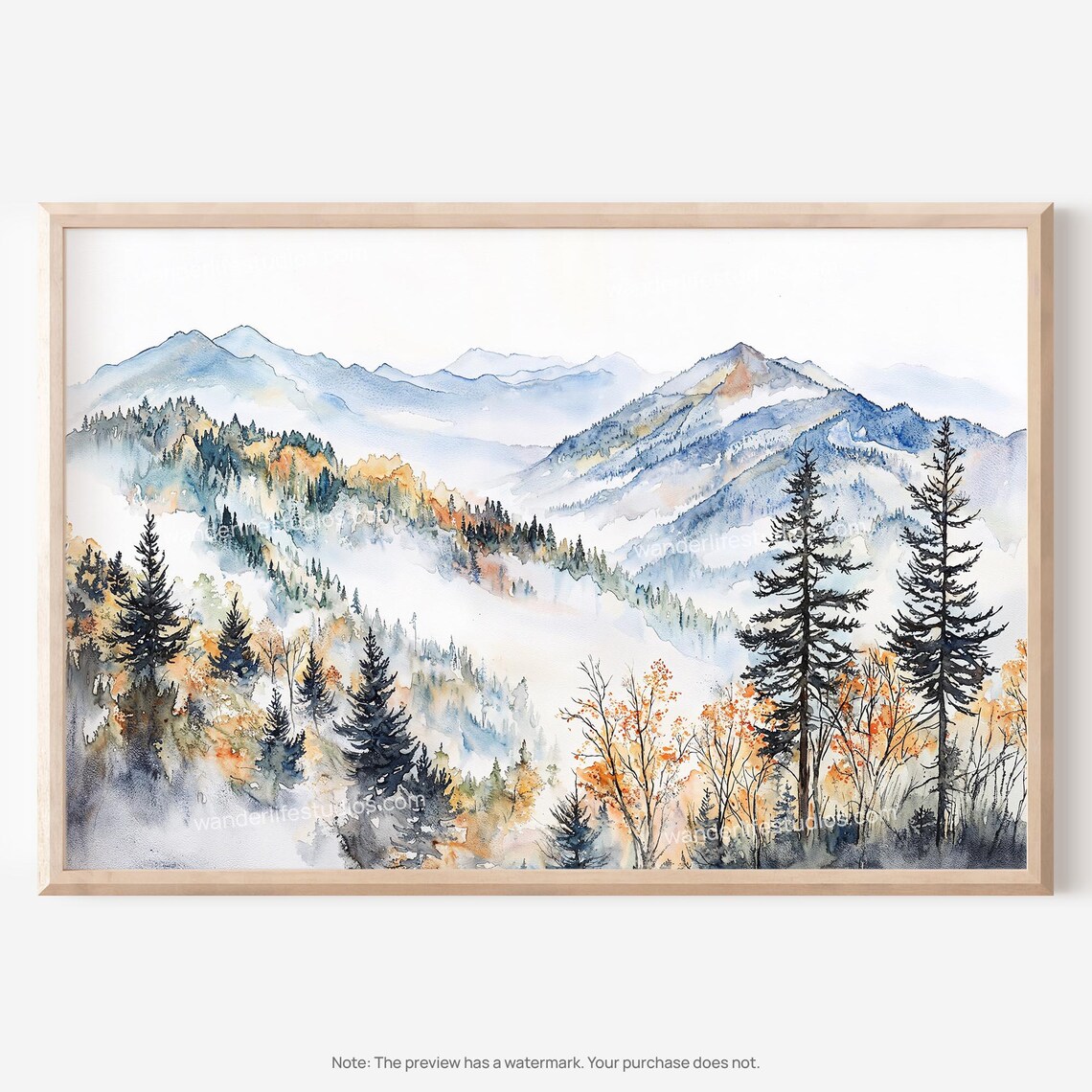 Great Smoky Mountains Misty Peaks Watercolor Forest Art Poster