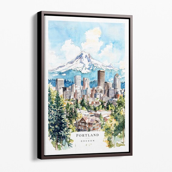 Portland Watercolor Canvas Art Print Cityscape With Mount Hood