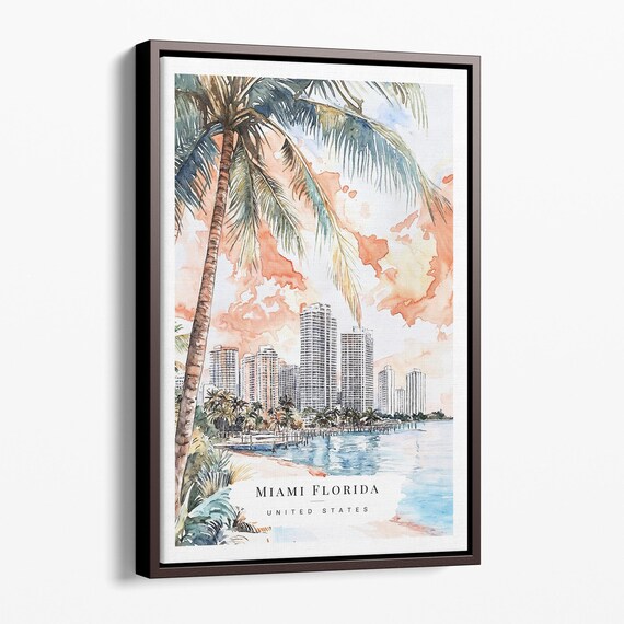 Miami Florida Canvas Art Print Sunset Watercolor Cityscape Wall